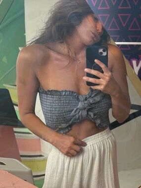 Vintage Havana Smocked Strapless Tie Front Bandeau Top Gray Ruffle Crop S